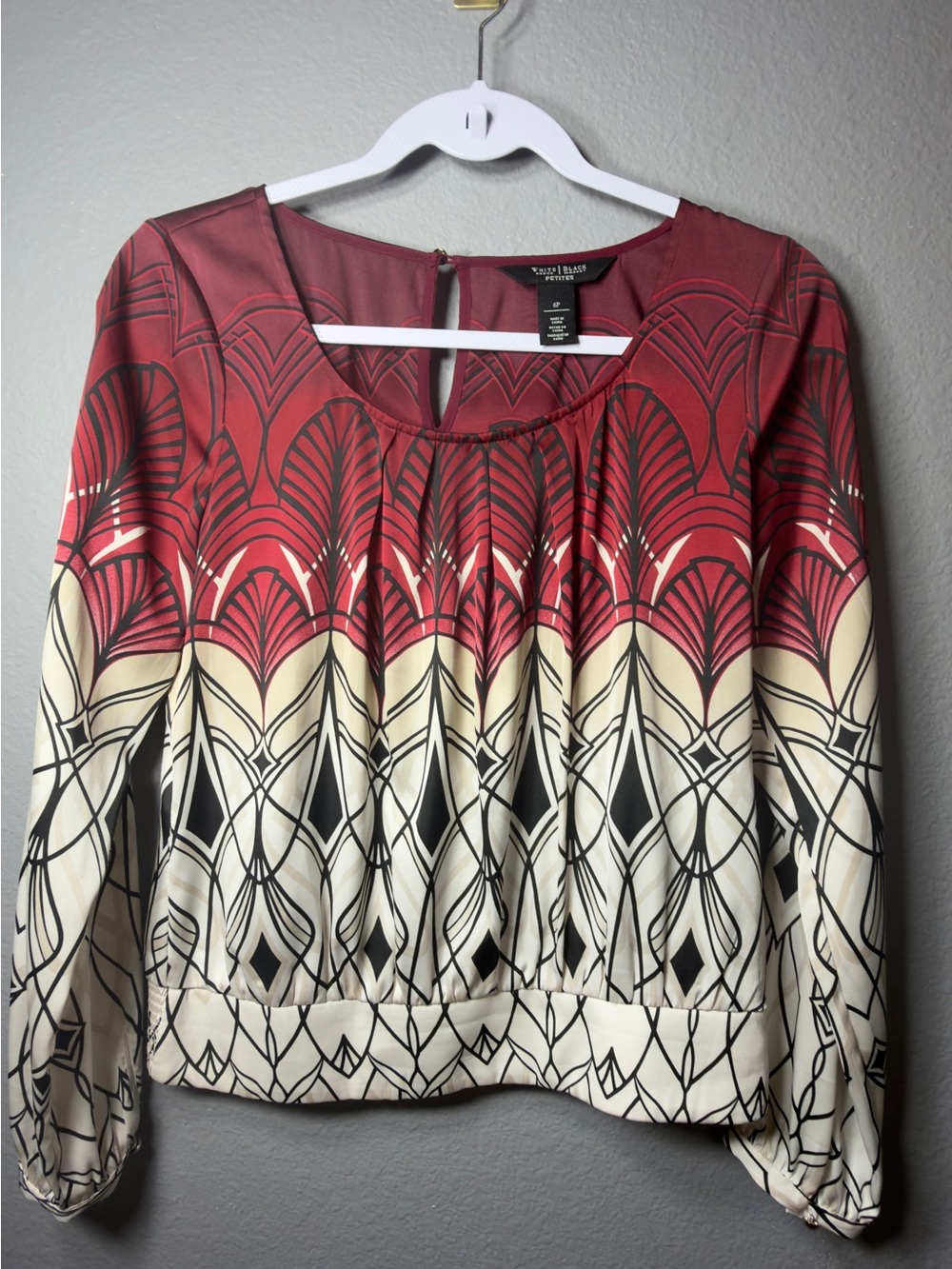 White House Black Market Red, Cream and Black Geometric Peasant Blouse